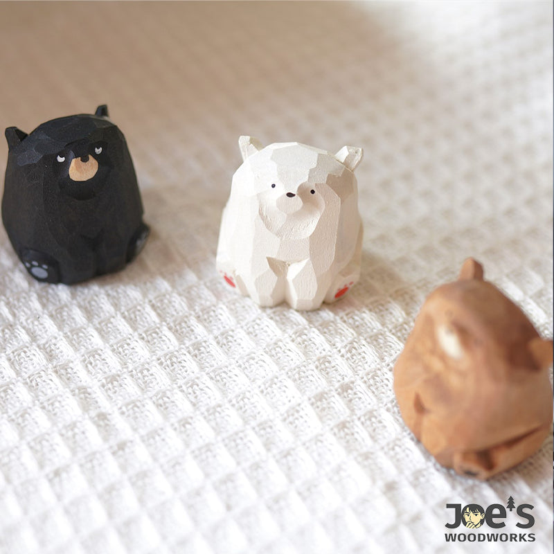 Set of three hand-carved mini wooden bear figurines – polar bear, black bear, brown bear – Joe&