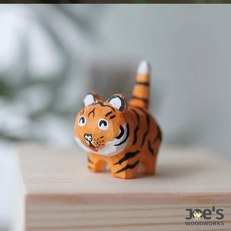Joe’s Woodworks hand-carved tiger figurine in solid wood, adorable and detailed