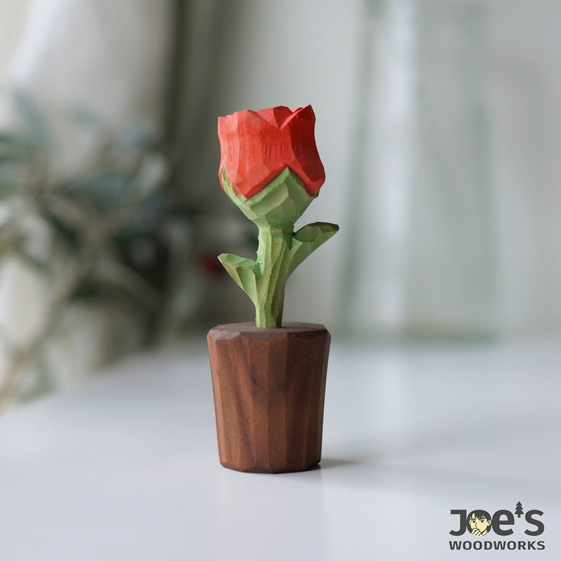 Joe’s Woodworks hand-carved wooden rose in walnut pot, romantic decor gift