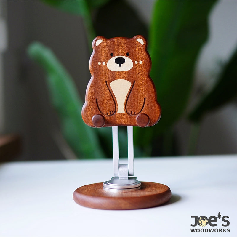 Joeswoodworks cute bear wooden phone stand for desk or nightstand use
