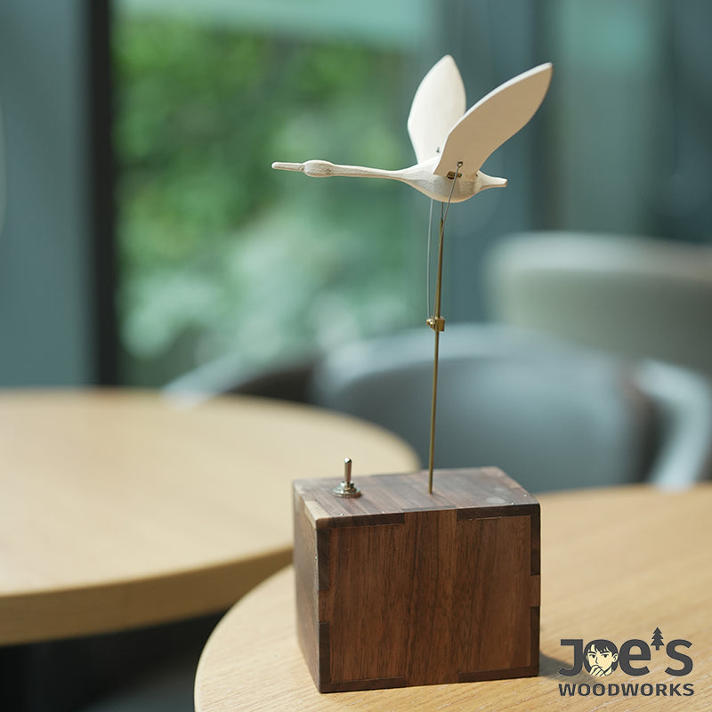 Joe’s Woodworks handcrafted flying swan wooden automaton with flapping wings