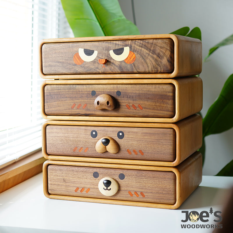 Joe’s Woodworks mini wooden drawer cabinet with hand-carved animal face design