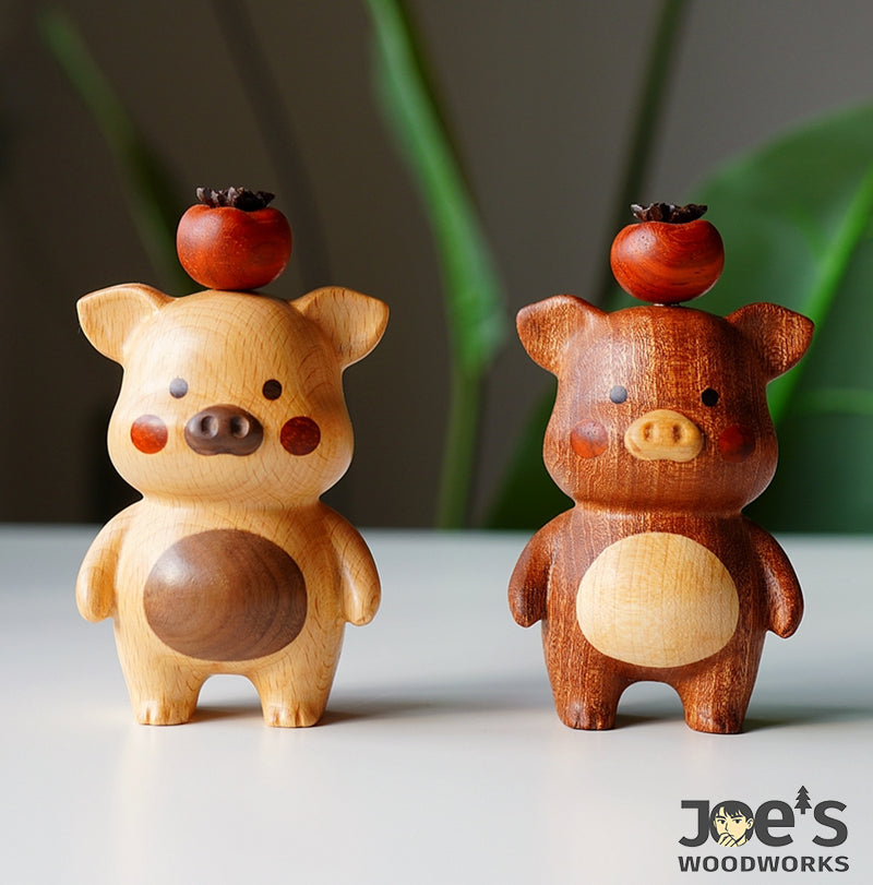 Pair of wooden pig figurines with persimmon fruits on heads, handmade gift decor