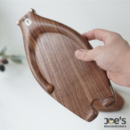 Hand-holding small bear tray carved from black walnut wood