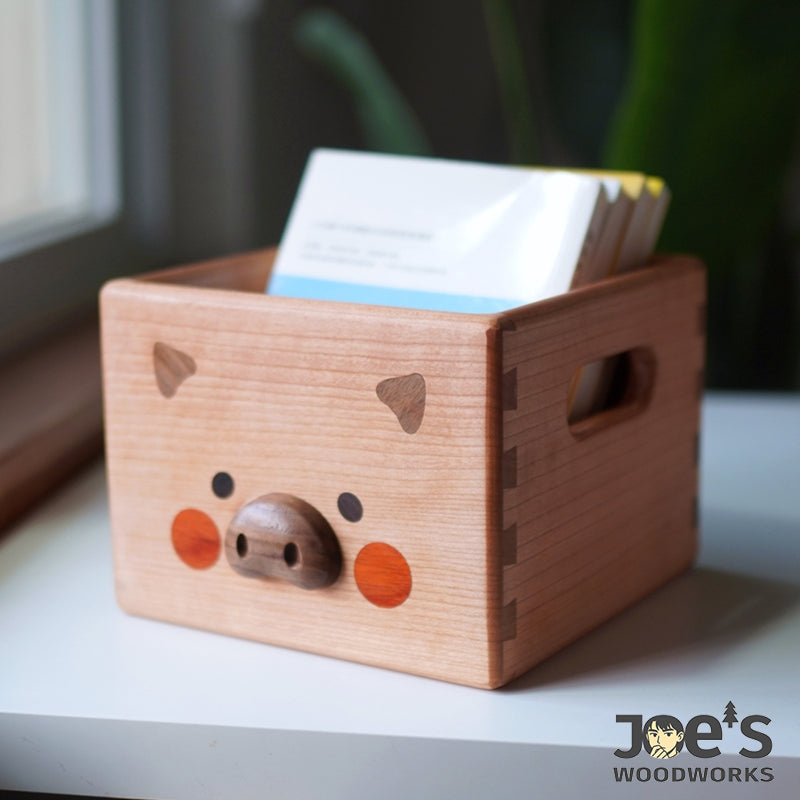 Joe’s Woodworks Piglet Wooden Storage Box – front angle with cards inside