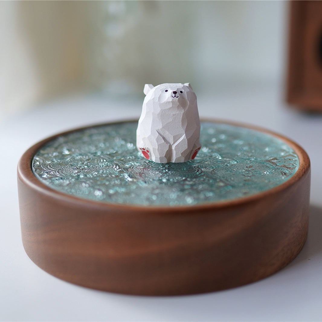 Pipimu Bear Jar with white bear figurine on walnut wood and glass lid