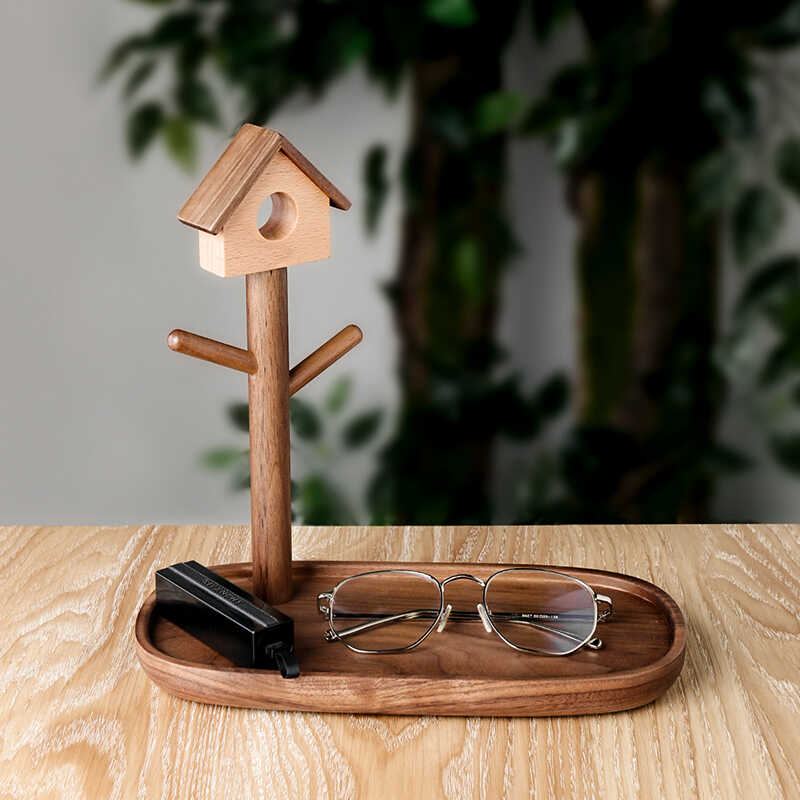 Pipimu birdhouse walnut tray organizer front view with glasses and lipstick