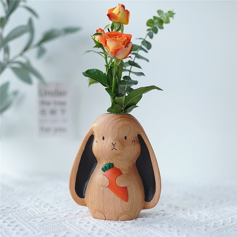 Pipimu Bunny Willow wooden flower vase holding carrot