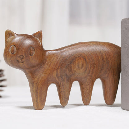 Ergonomic cat-shaped wooden scalp massager with smooth finish