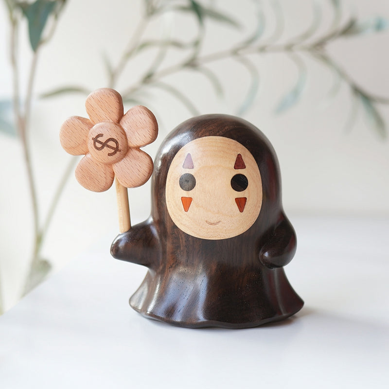 Pipimu Forest Spirits Mori wooden figurine in black walnut with spinning pinwheel and lucky coin