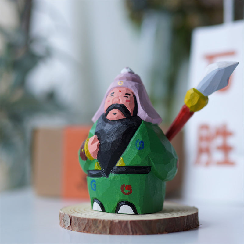 Pipimu Guan Yu wooden figurine on display base, handmade prosperity decor