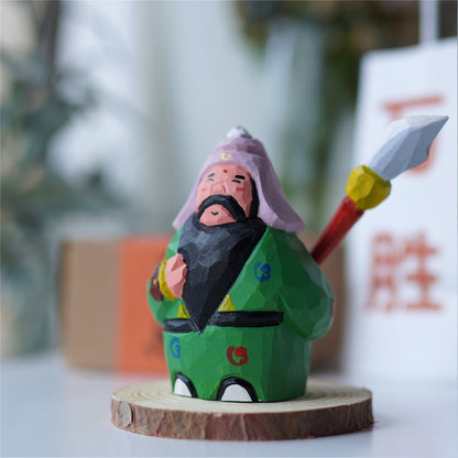 Pipimu Guan Yu wooden figurine on display base, handmade prosperity decor