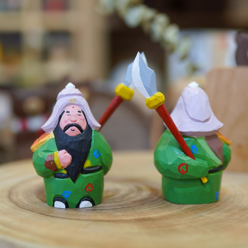 Pipimu Guan Yu wooden figurine front and back view, hand-painted cultural decor
