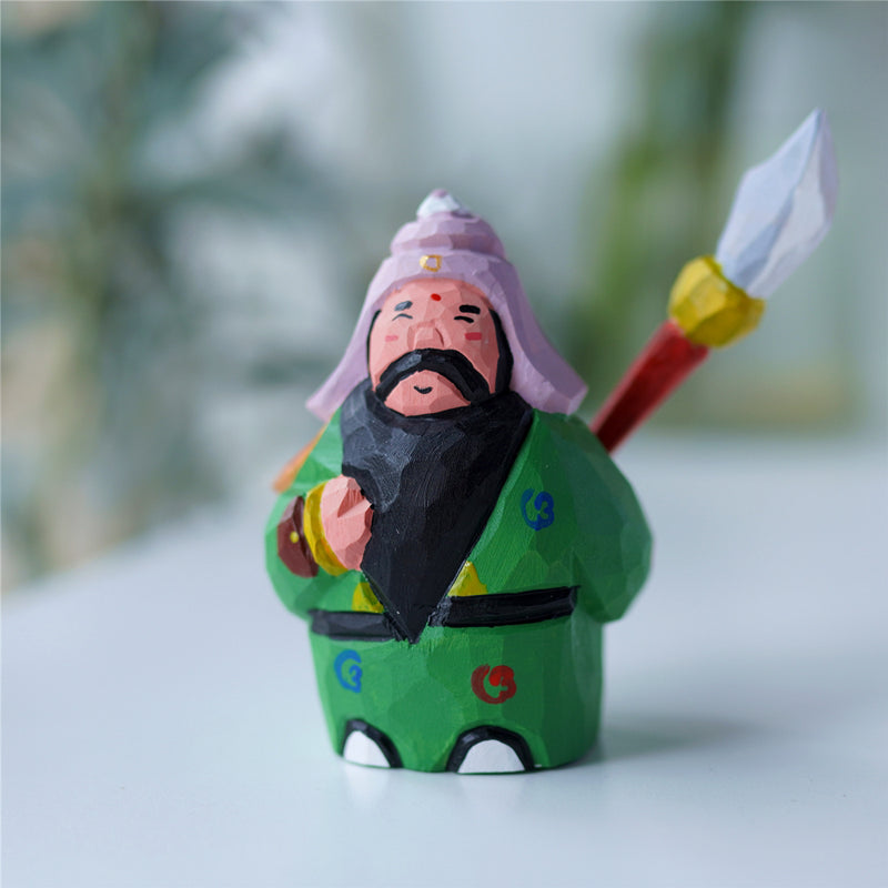 Pipimu Guan Yu wooden figurine hand-carved Q-version, green robe desk decor