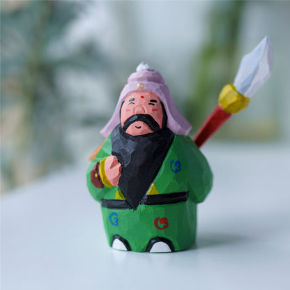 Pipimu Guan Yu wooden figurine hand-carved Q-version, green robe desk decor