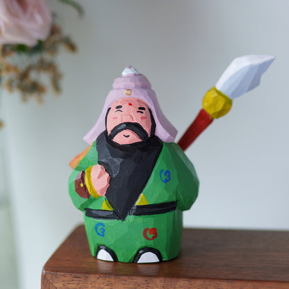 Pipimu Guan Yu wood carving figurine on table, Chinese cultural ornament
