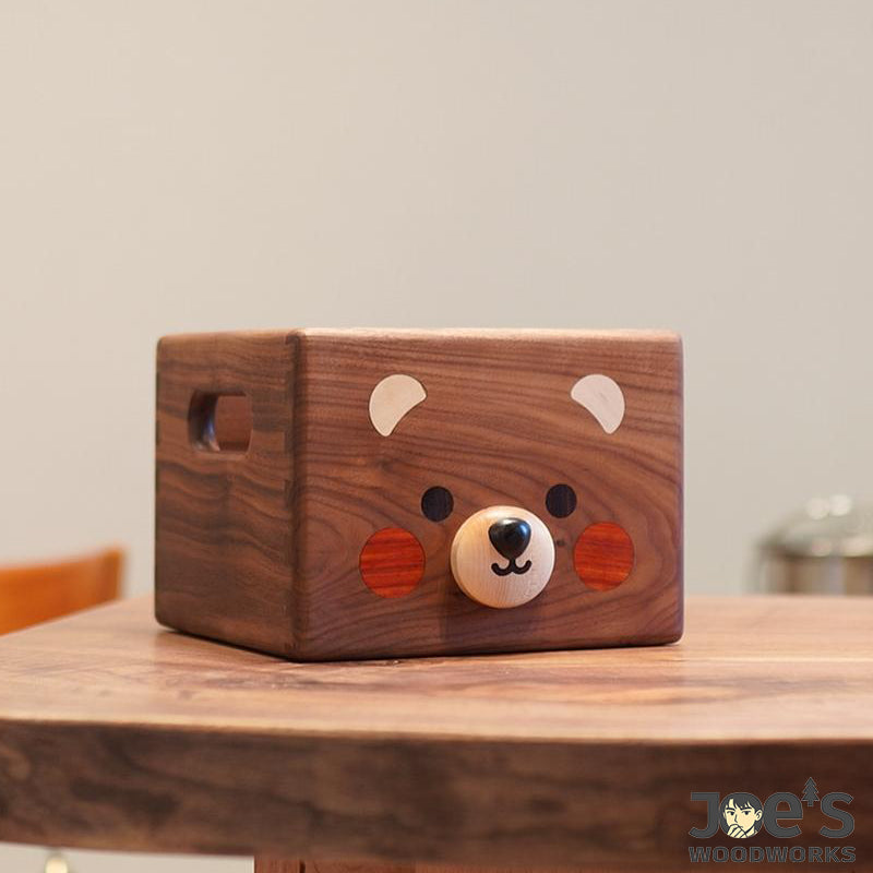 Close-up of Hako Bear’s natural wood inlay and smooth walnut grain