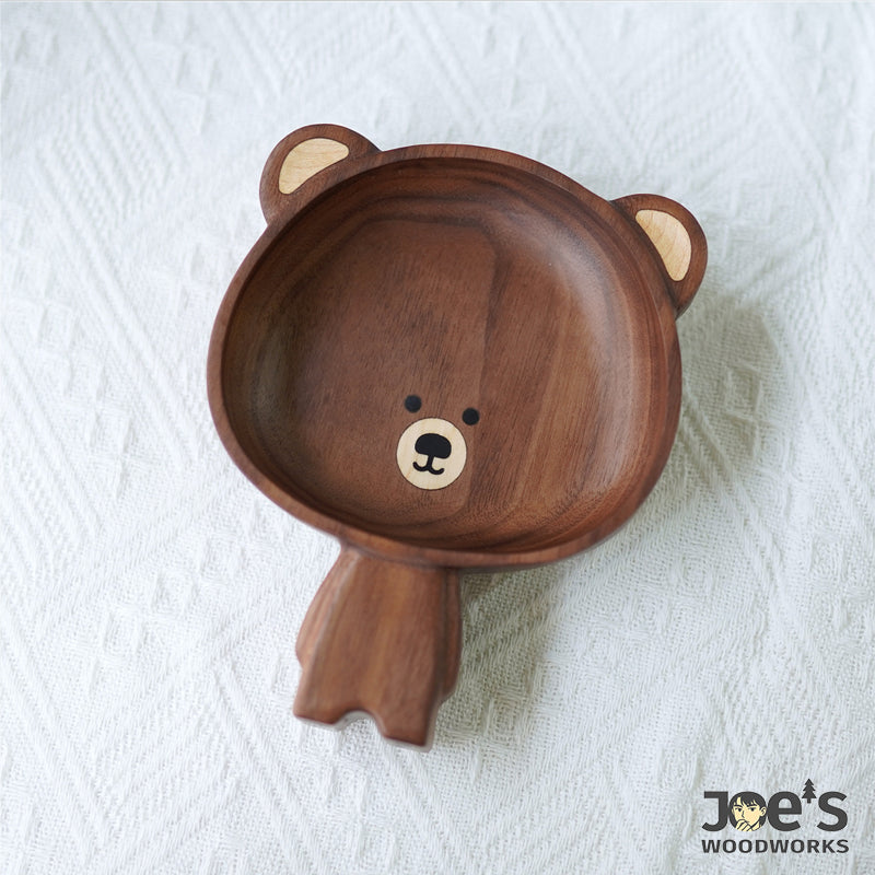 Adorable natural walnut Kari Bear tray by Pipimu, handcrafted for snacks or decor, Kari Bear wooden bowl showing food-safe polish and natural wood grain