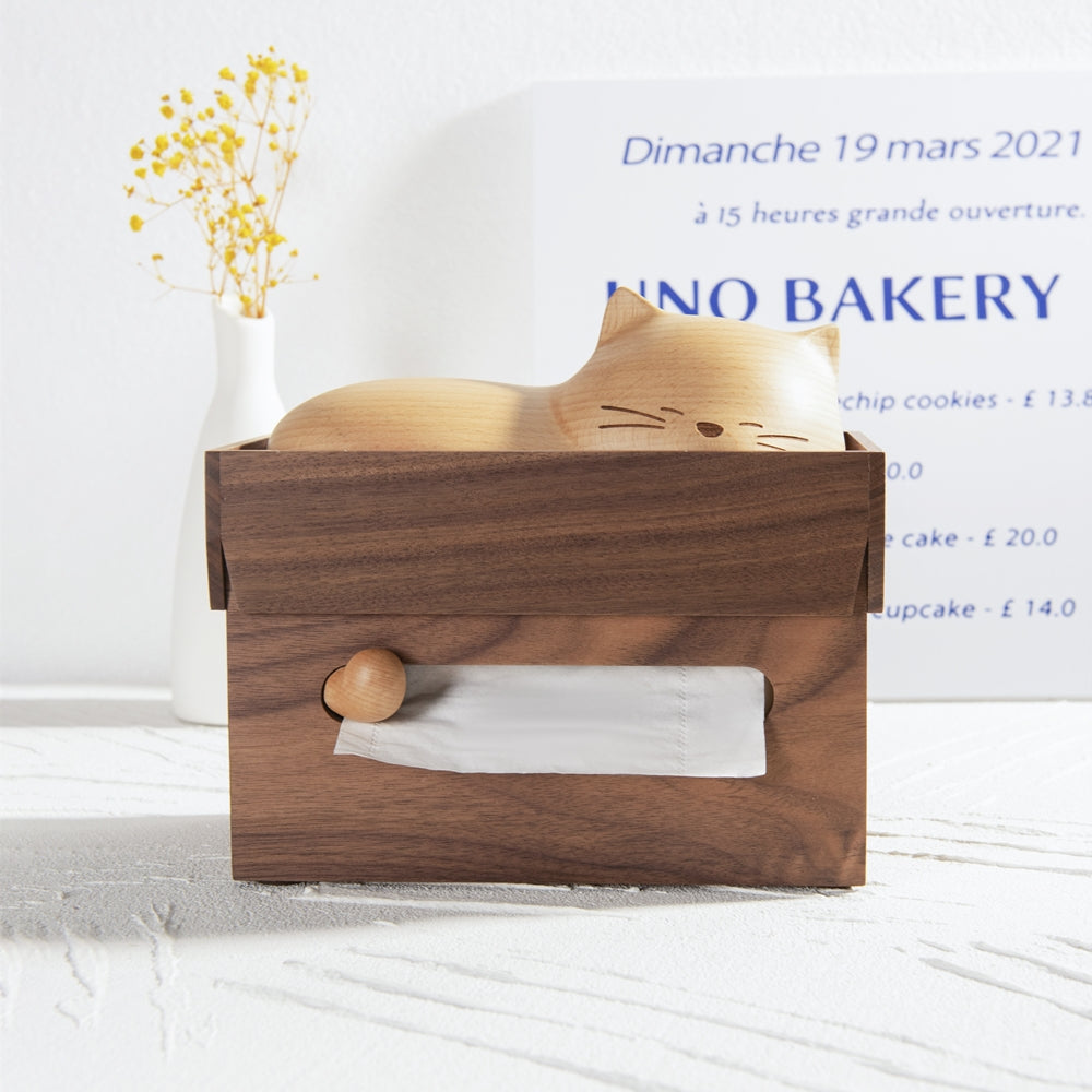 Pipimu Kitty Neko wooden cat tissue box front view with sleeping cat design