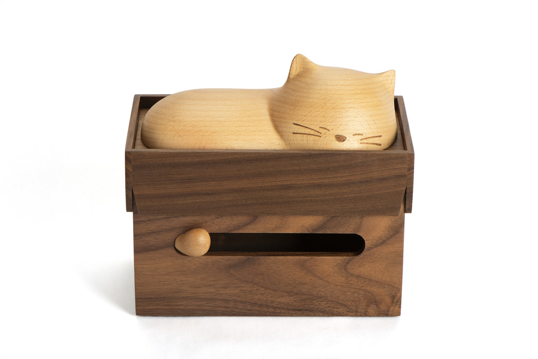 Pipimu Kitty Neko wooden cat tissue box displayed as unique cat lover gift