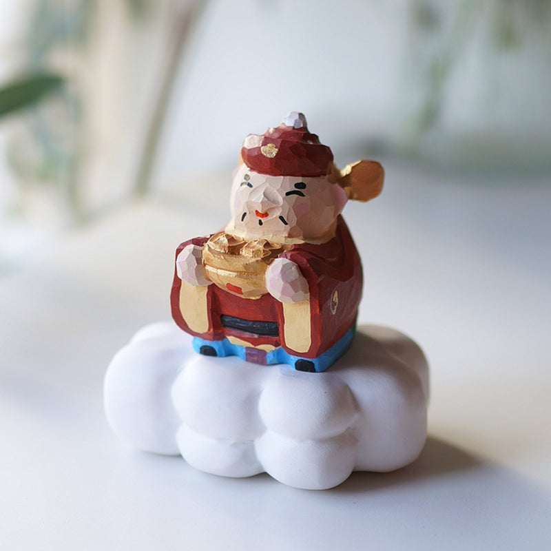 Pipimu Lucky God wooden figurine displayed on cloud stand, prosperity desk ornament