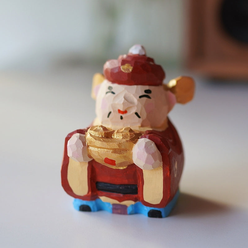 Pipimu Lucky God hand-carved wooden figurine front view, fortune blessing decor