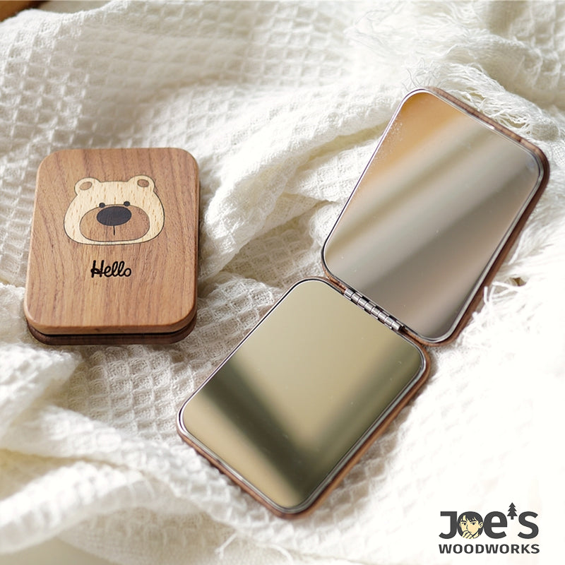 Lumi Bear wooden compact mirror opened showing dual mirrors inside