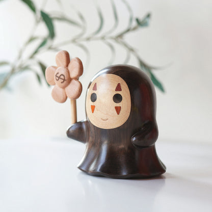 Mori wooden figurine – whimsical forest spirit desk decoration with flower pinwheel