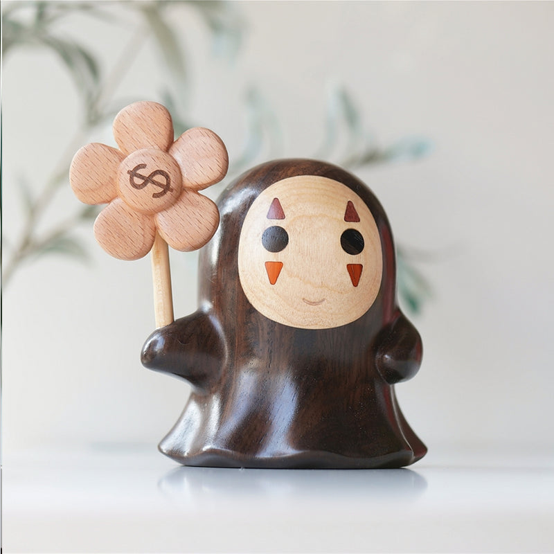 Handmade Mori Forest Spirits wooden ornament, maple face with purpleheart and rosewood inlays