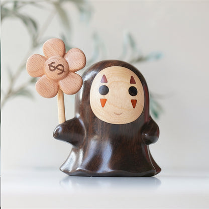 Handmade Mori Forest Spirits wooden ornament, maple face with purpleheart and rosewood inlays