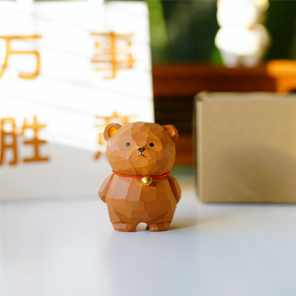 Pipimu Niko Bear brown wood figurine, cute healing bear ornament for car, office, or living room