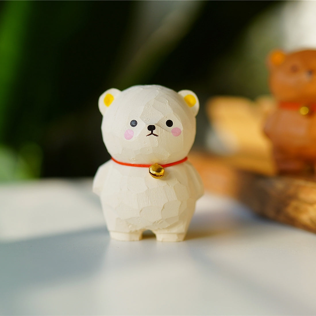 Pipimu Niko Bear white wooden figurine, hand-carved maple bear with bell, cute desk ornament