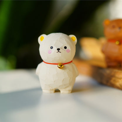 Pipimu Niko Bear white wooden figurine, hand-carved maple bear with bell, cute desk ornament