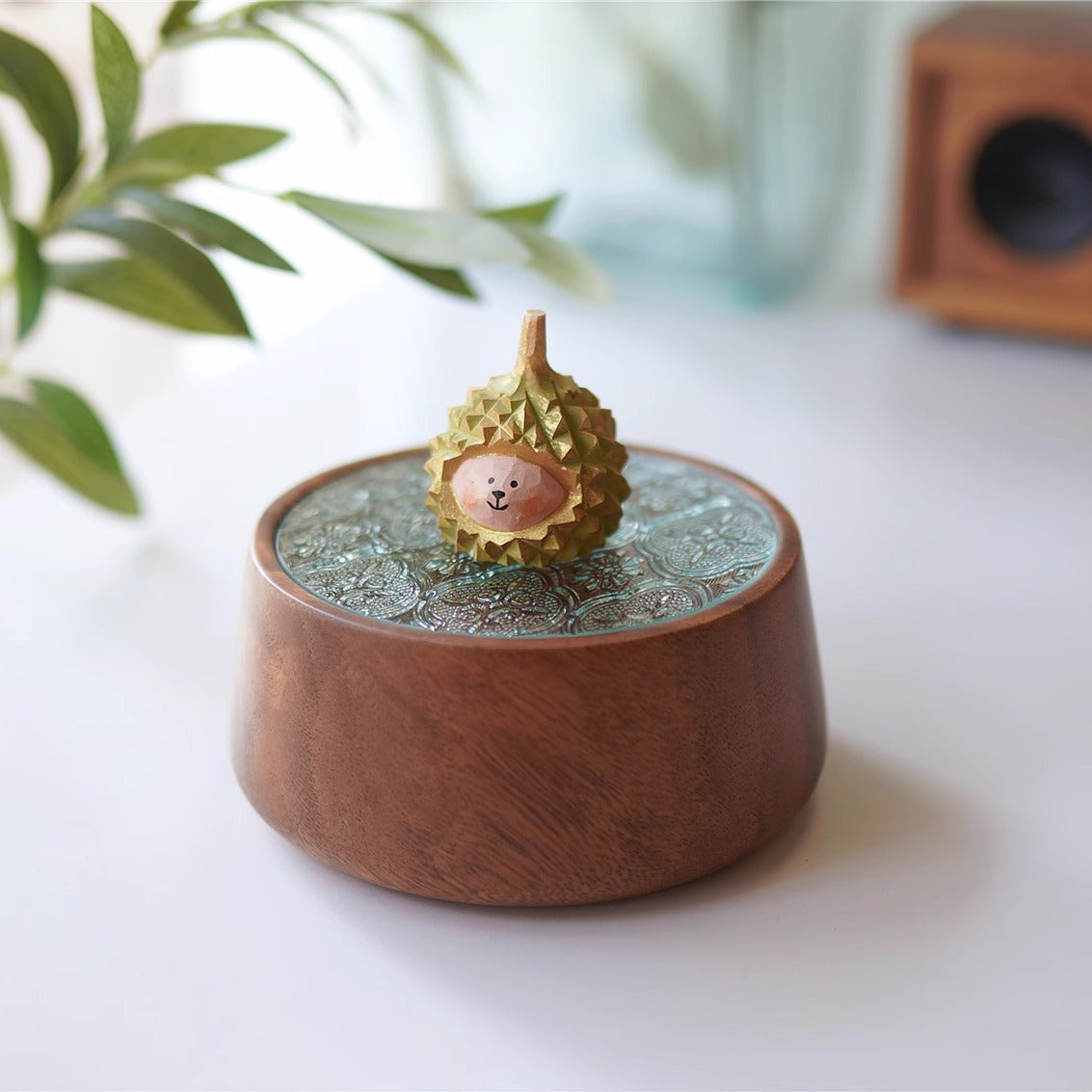 Pipimu Surprise Box with Dudu Durian wooden figurine on glass lid