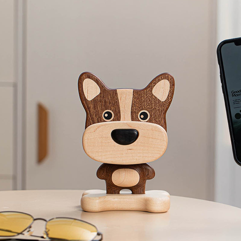 Pipimu wooden dog phone stand front view, cute solid wood desk accessory