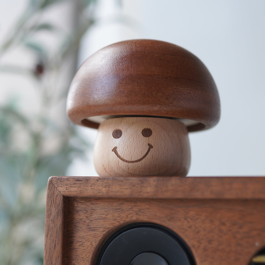 Side view of mushroom-shaped wooden music box on desk