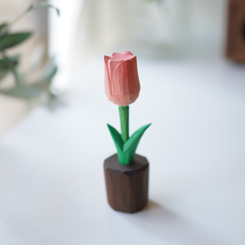 Pipimu hand-carved wooden tulip figurine in pink, Nordic decor gift