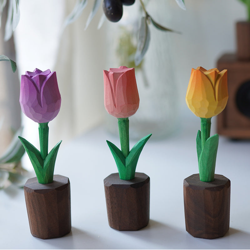 Handmade wooden tulip flower ornament in vase style