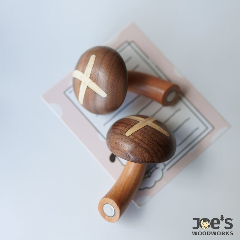Pair of handmade wooden shiitake mushroom fridge magnets on cute notepad – Joe’s Woodworks