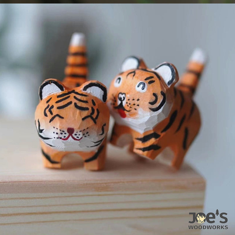 Cute wooden tiger figurines in a pair, hand-carved and perfect for display or gifting