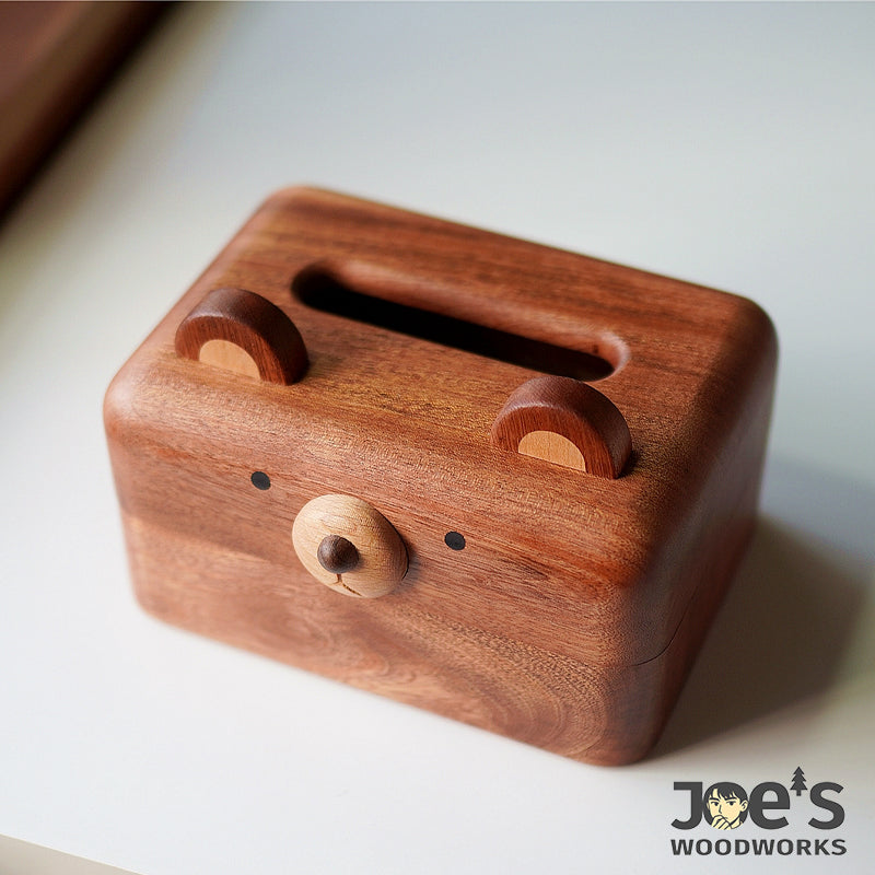 Top view of wooden bear tissue box showing cute animal ears and tissue slot