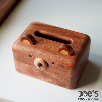 Top view of wooden bear tissue box showing cute animal ears and tissue slot