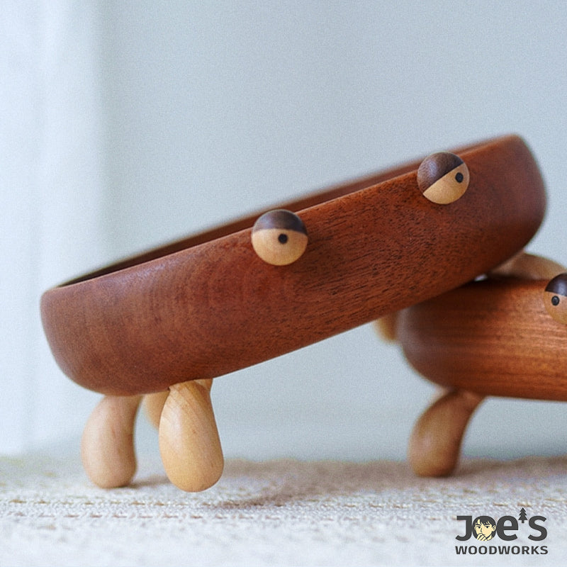 Whimsical crab tray with curved wooden legs and tiny eyes – handcrafted decor bowl