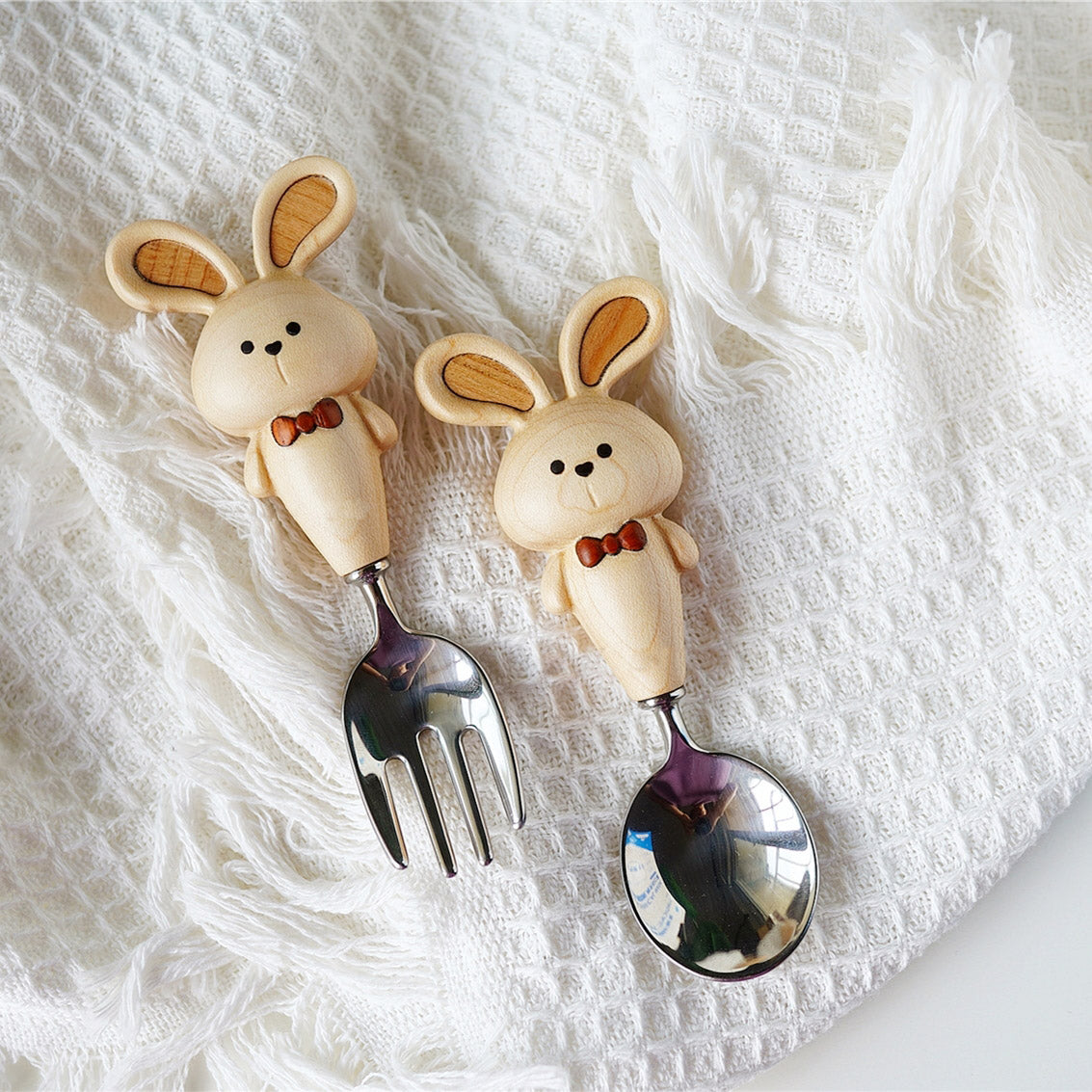 Solid wood bunny handle spoon &amp; fork – handmade 316 stainless steel set