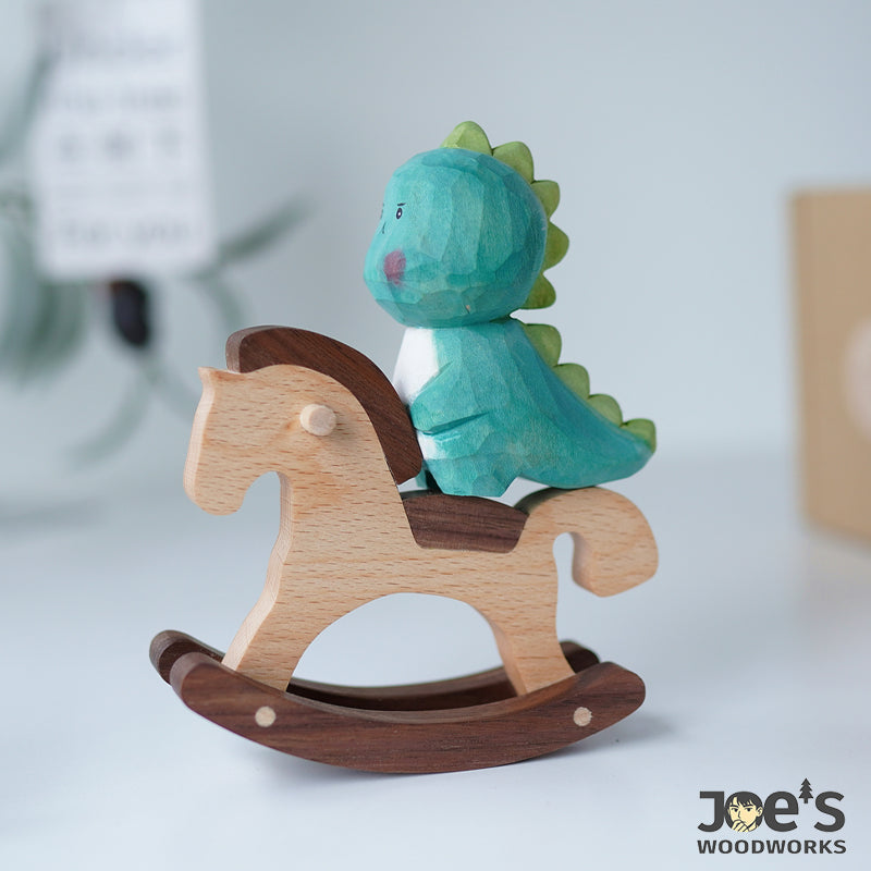 Playful wooden horse with green dinosaur figurine, perfect for whimsical nursery or gift decor