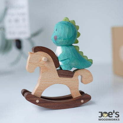 Playful wooden horse with green dinosaur figurine, perfect for whimsical nursery or gift decor