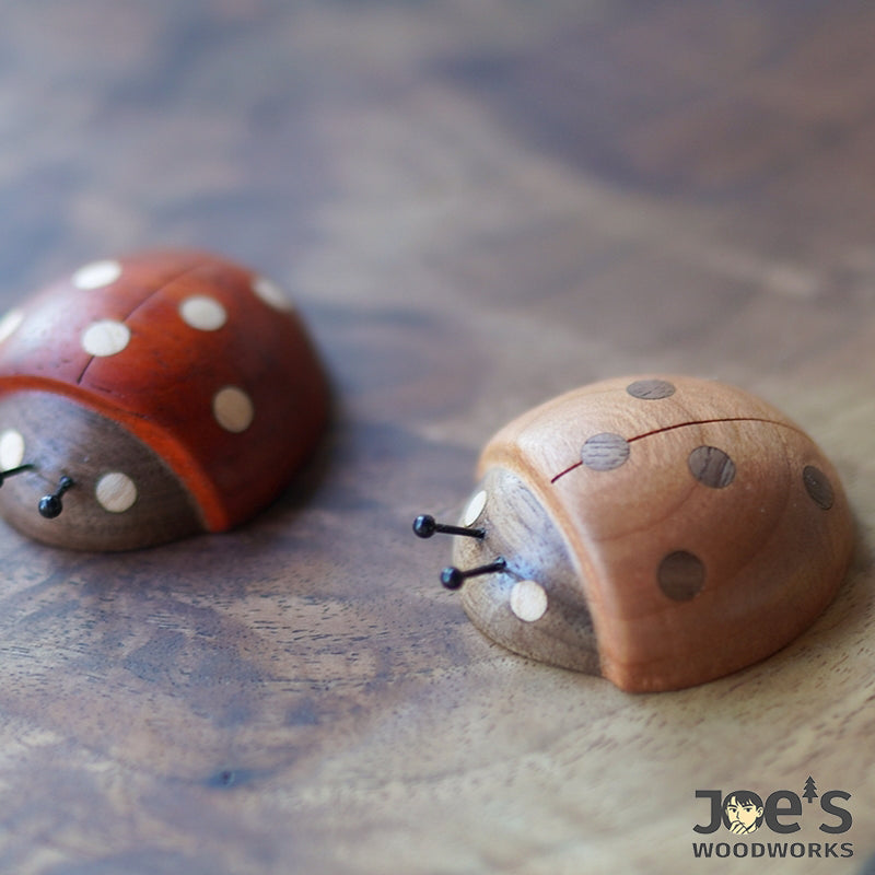 Close-up of hand-carved wooden ladybug magnets showing natural wood grain