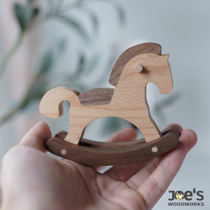 Handmade wooden rocking horse decor by Joe’s Woodworks, crafted from natural wood in Nordic style