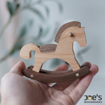Handmade wooden rocking horse decor by Joe’s Woodworks, crafted from natural wood in Nordic style